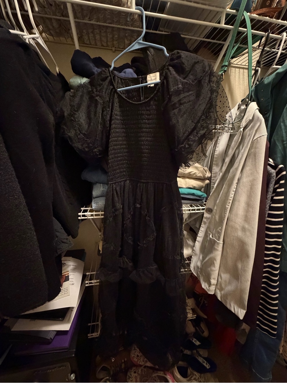 bohme Black Smocked Bodice Dress with Sheer Dotted Puff Sleeves